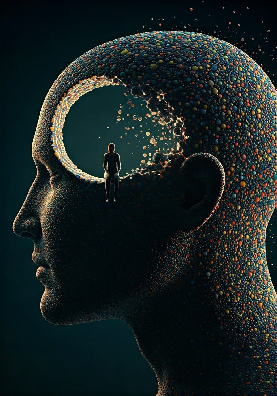 Humanoid Figure with Orb in Pointillism Style