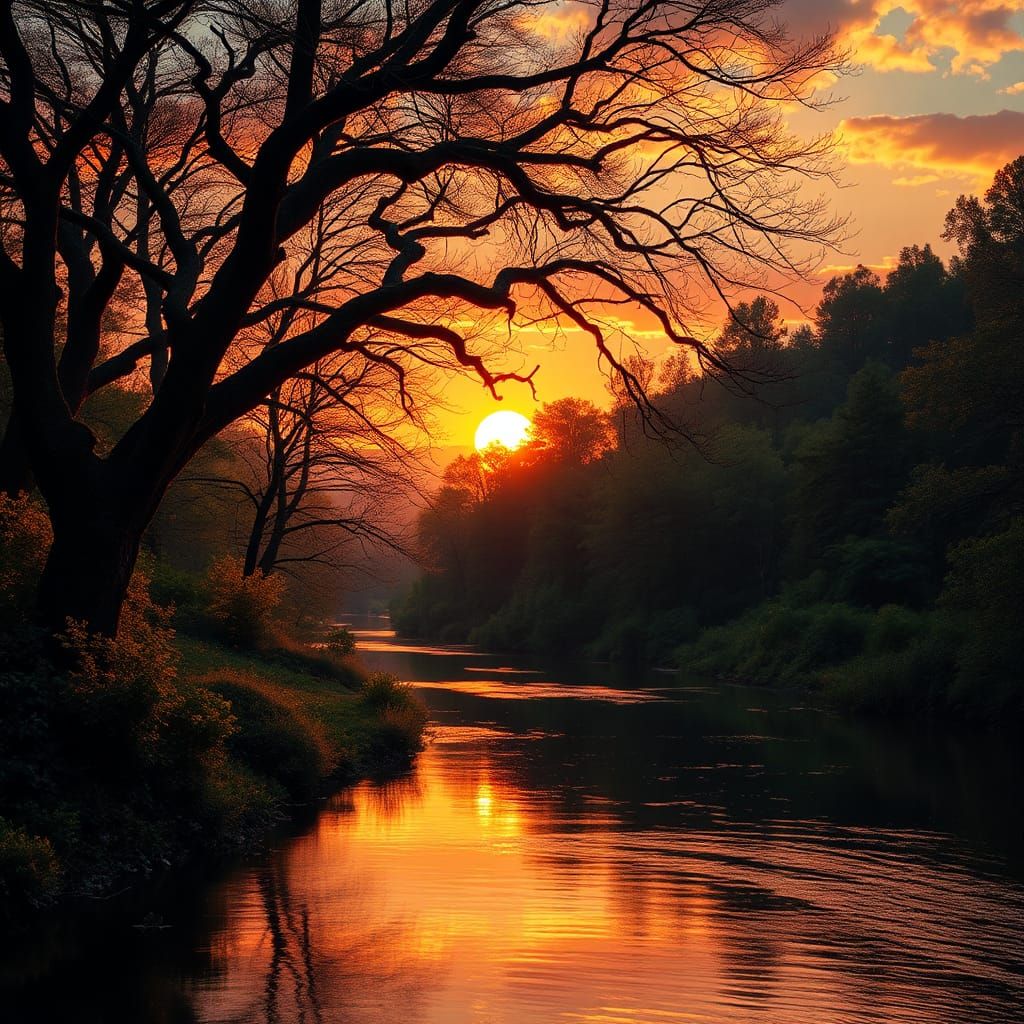 Sunset River Valley Landscape in Cinematic Style