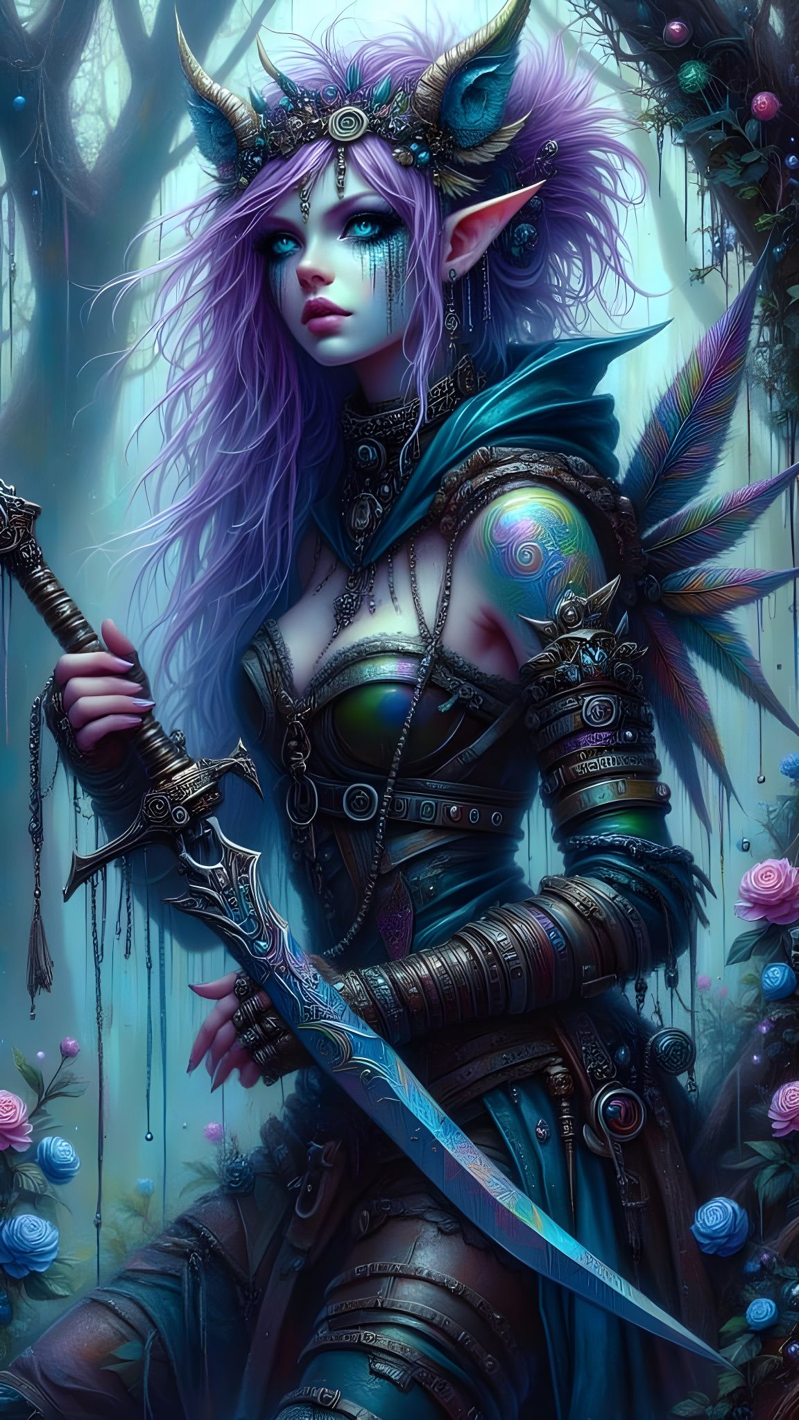 Gorgeous Elf Rogue with Glowing Dagger in Anime Style