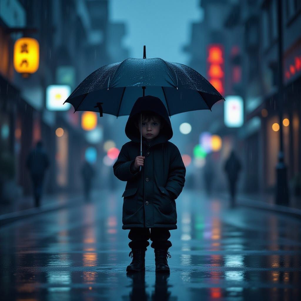 Melancholic Boy in Rainy Futuristic Cityscape