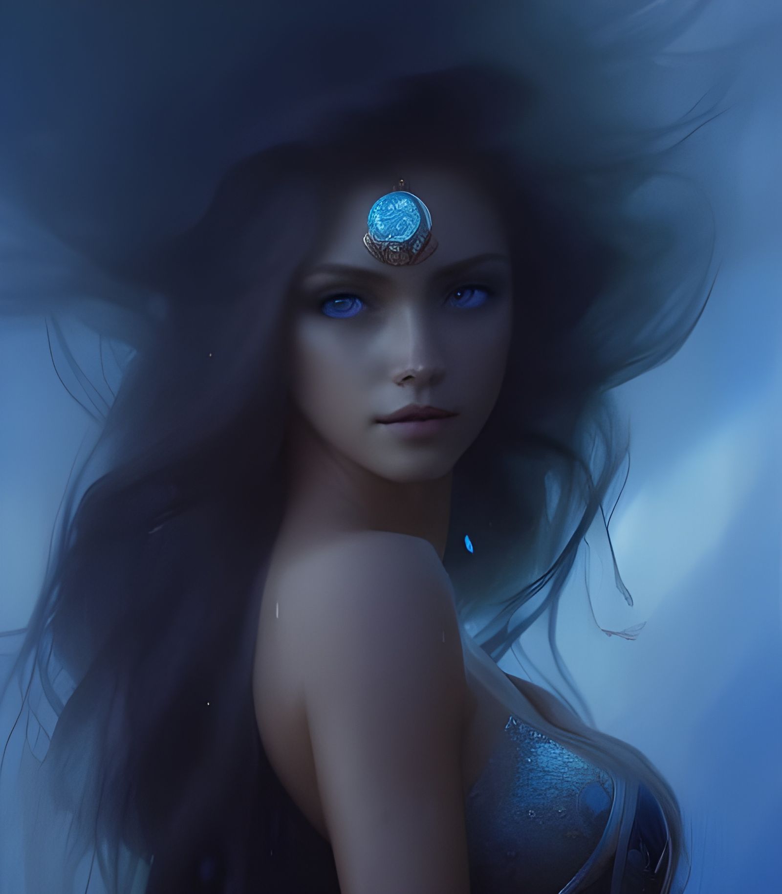 Majestic Water Queen with Liquid Hair, Digital Art