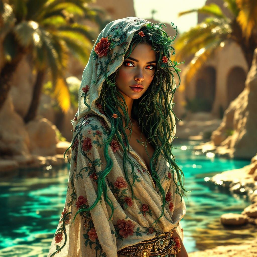 Sculpted Goddess in Desert Oasis