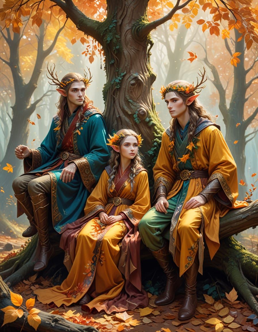 Wood Elves in Autumn Forest | Vibrant Oil Painting
