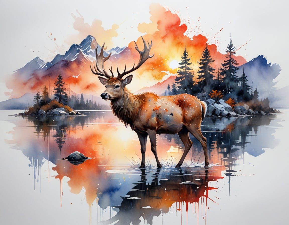 Stag Reflects Fiery Sunset on Glowing Alpine Lake