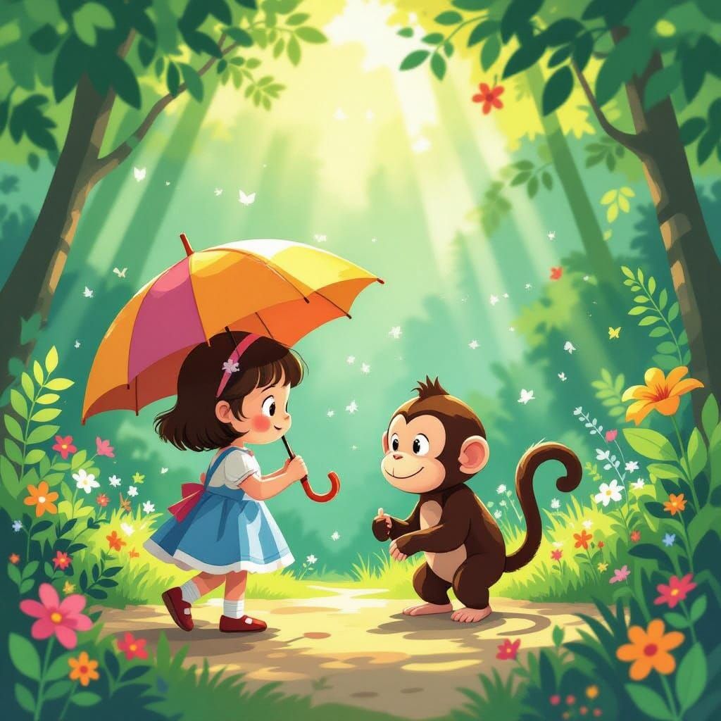 Girl with Umbrella Meets Playful Monkey in Sunny Jungle