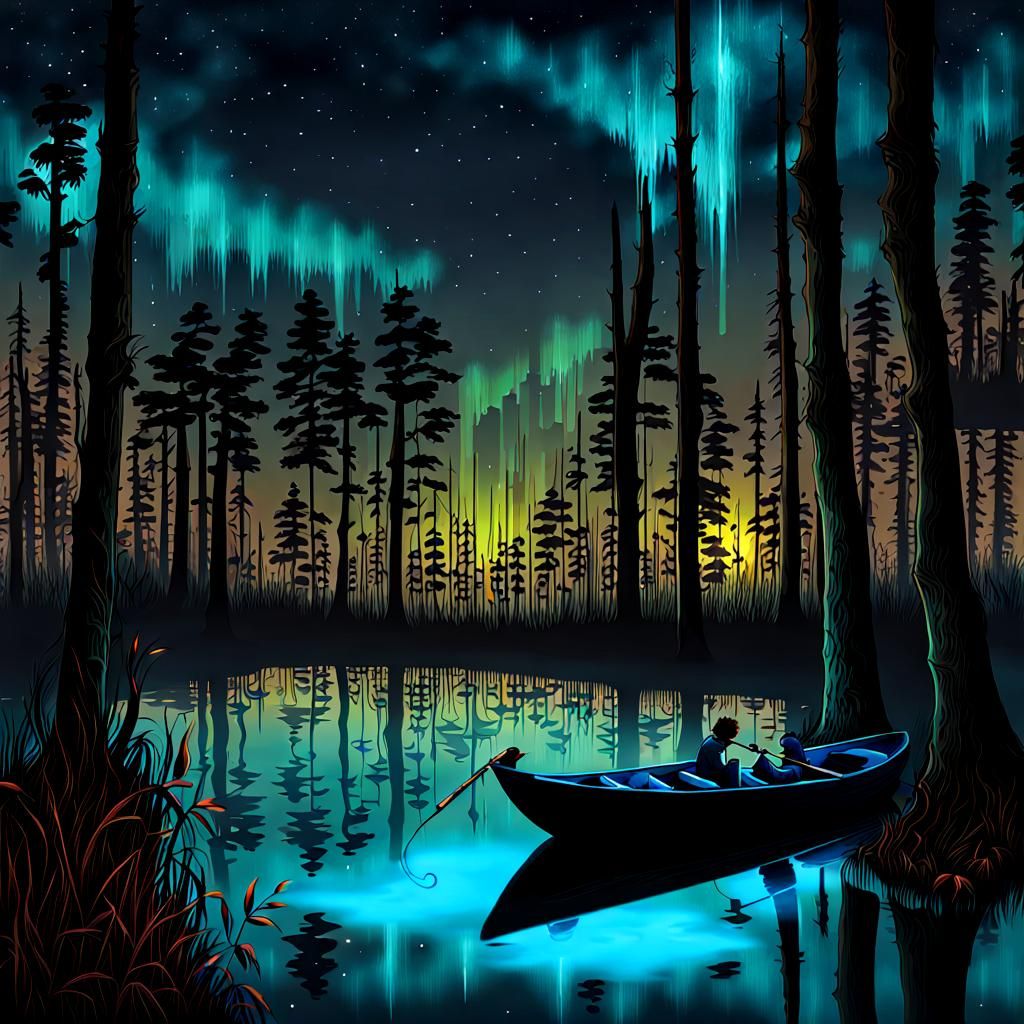 Active Bioluminescent Swamp Ecology at Night