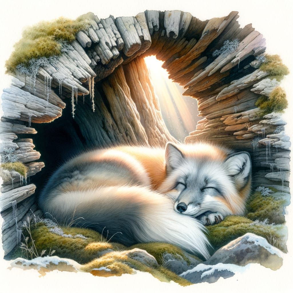 Arctic Fox Asleep in Log Den, Watercolor Illustration