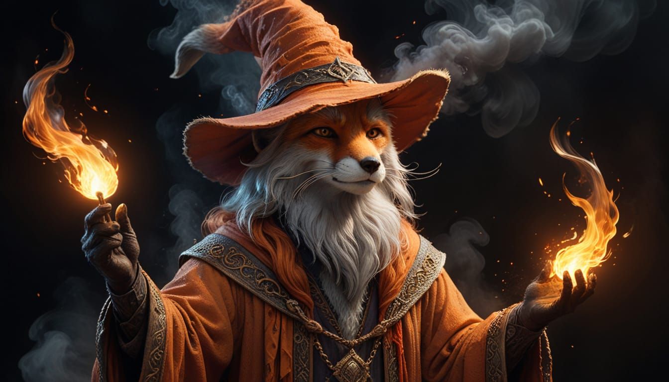 Ancient Wizard Conjuring Fire with Fox Familiar