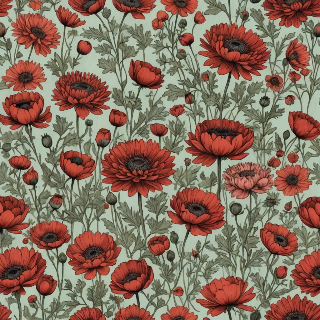 Red Chrysanthemums and Poppies in Dye-Transfer Art