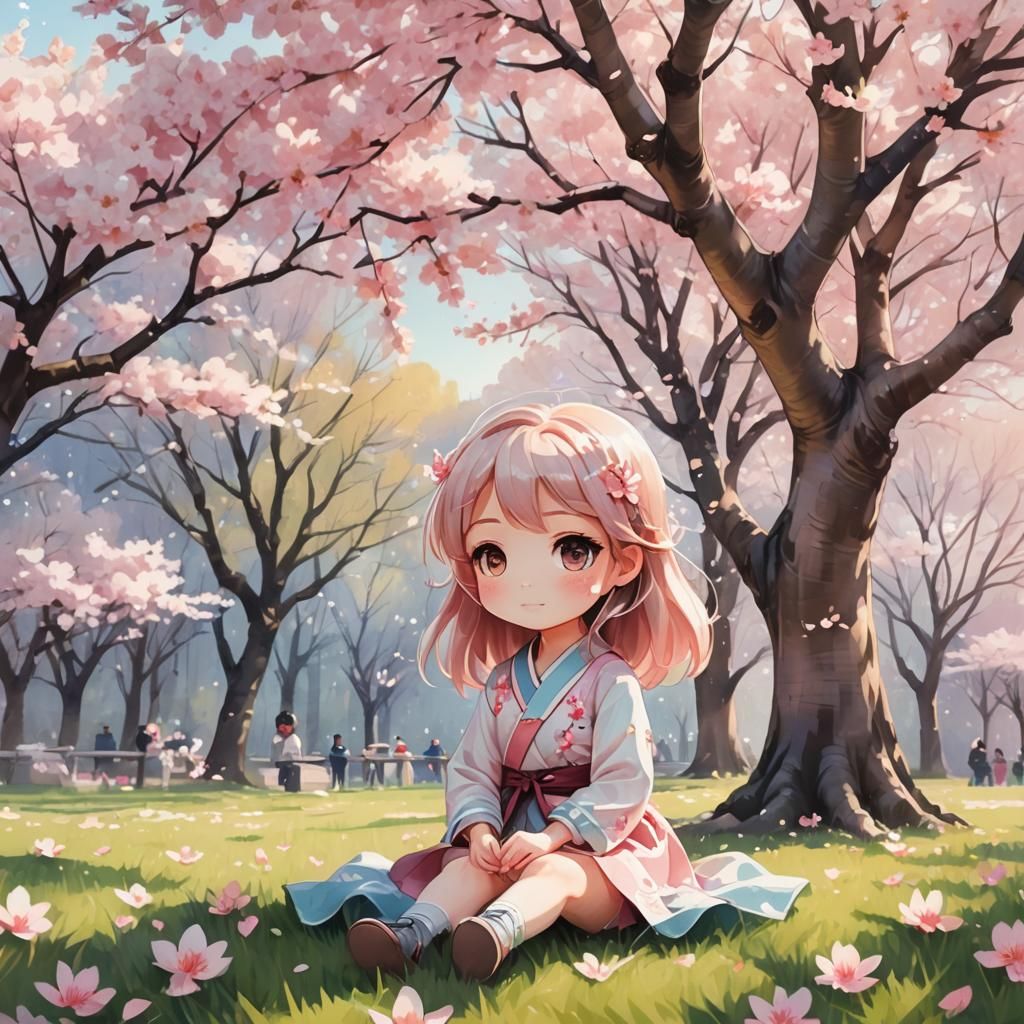 Chibi Girl Under Cherry Blossom Tree: Kawaii Illustration