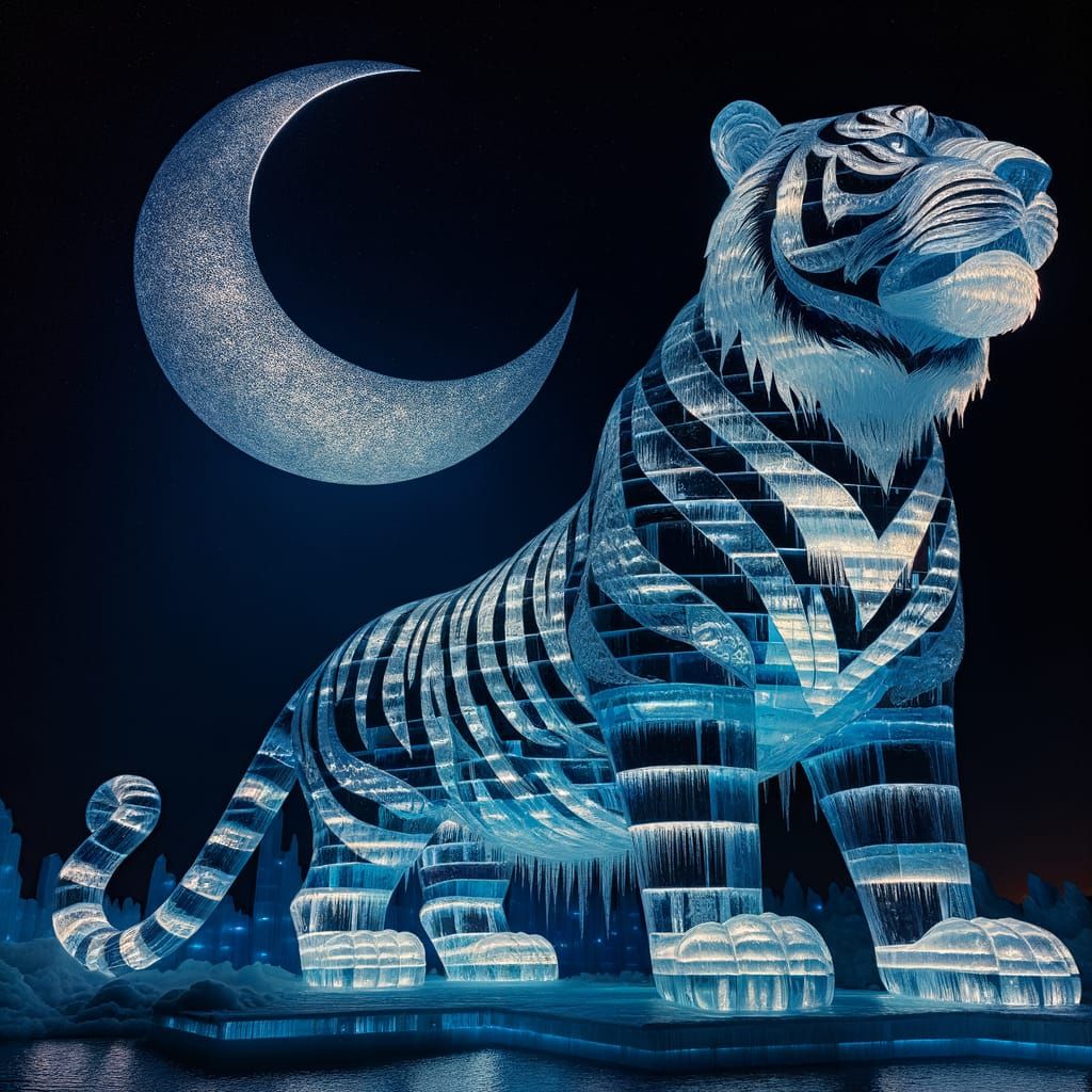 Gigantic Blue Ice Tiger Under Crescent Moon