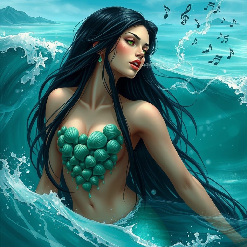 Enchanted Mermaid Emerges from Turquoise Waves