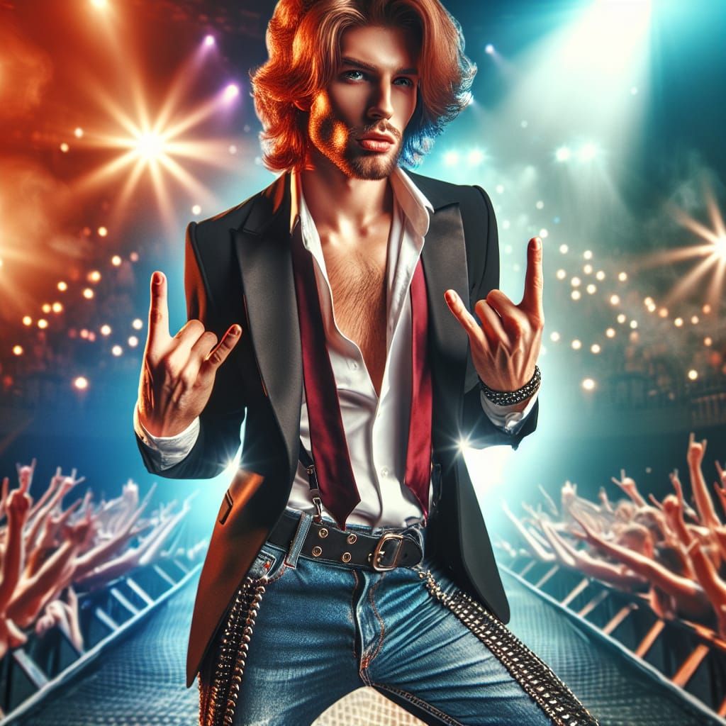 Auburn-Haired Rockstar Giving Rock and Roll Symbol