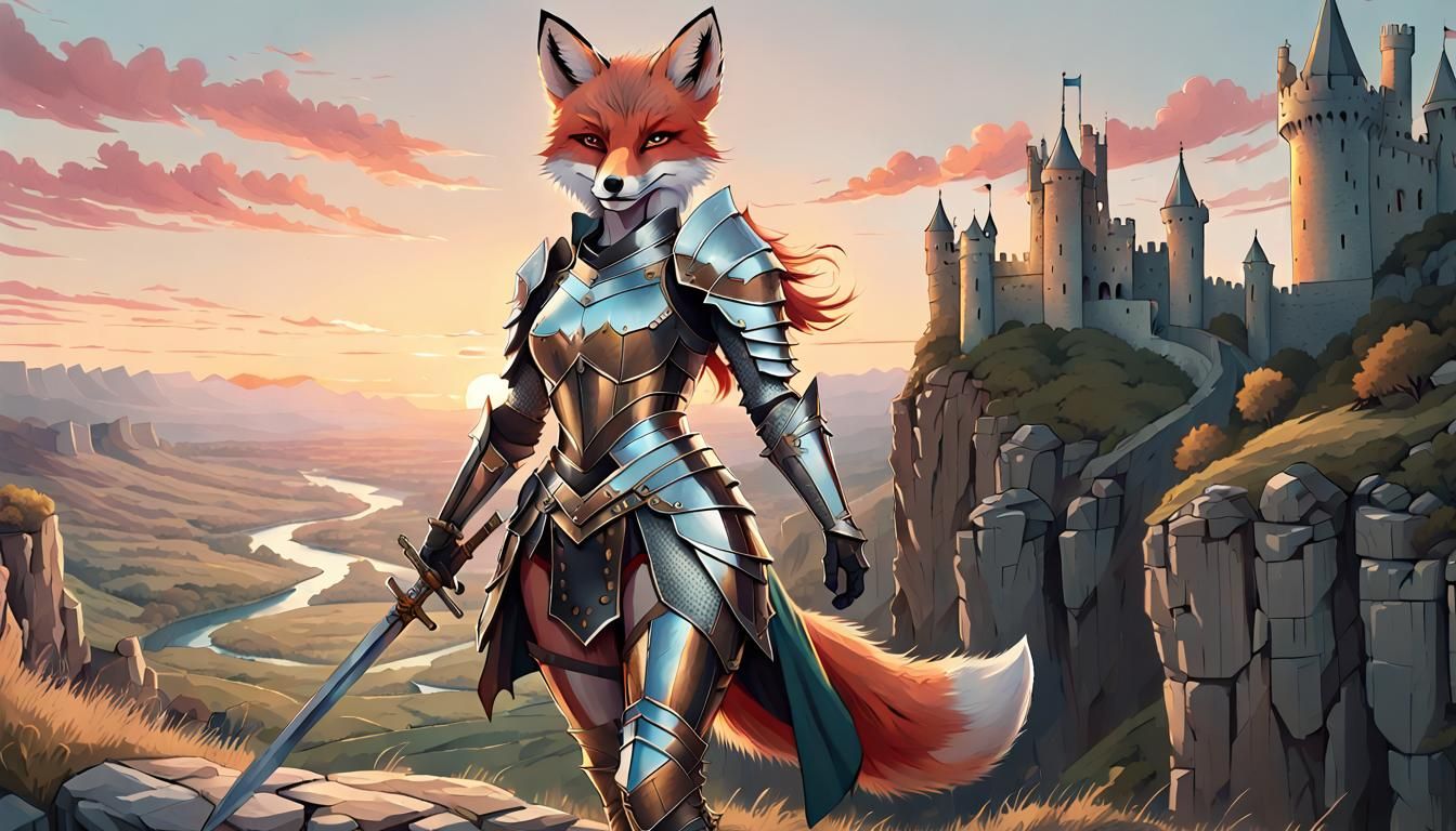 Female Fox Knight Overlooking Valley at Sunset