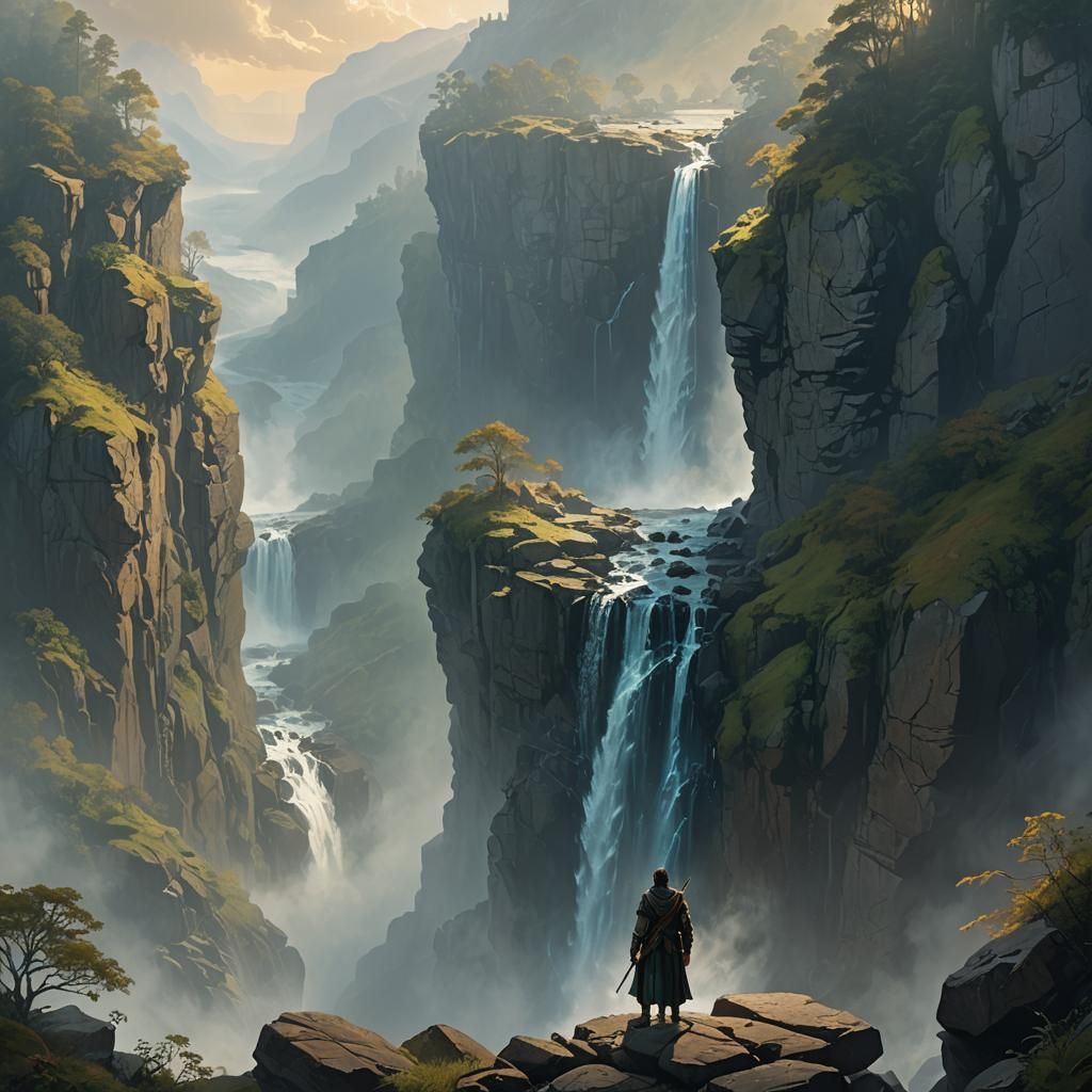 Misty Cliffside Waterfall in Renaissance Fantasy Art