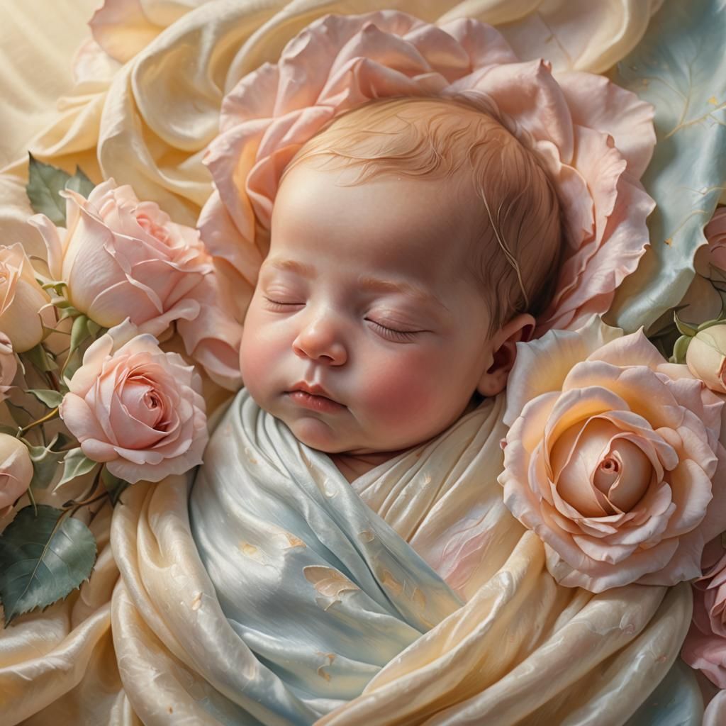 Newborn Asleep in Rose: Romantic Pastel Painting