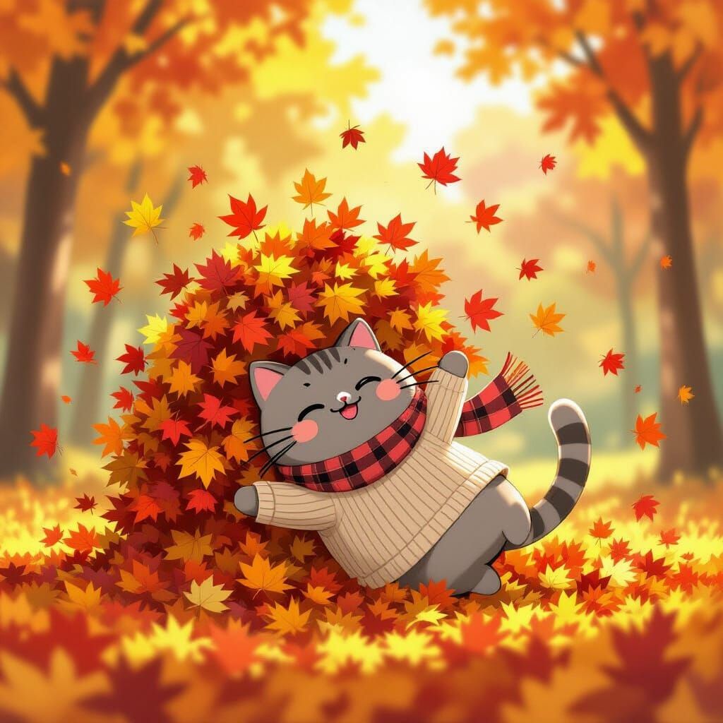 Kawaii Cat Tumbles into Autumn Leaves
