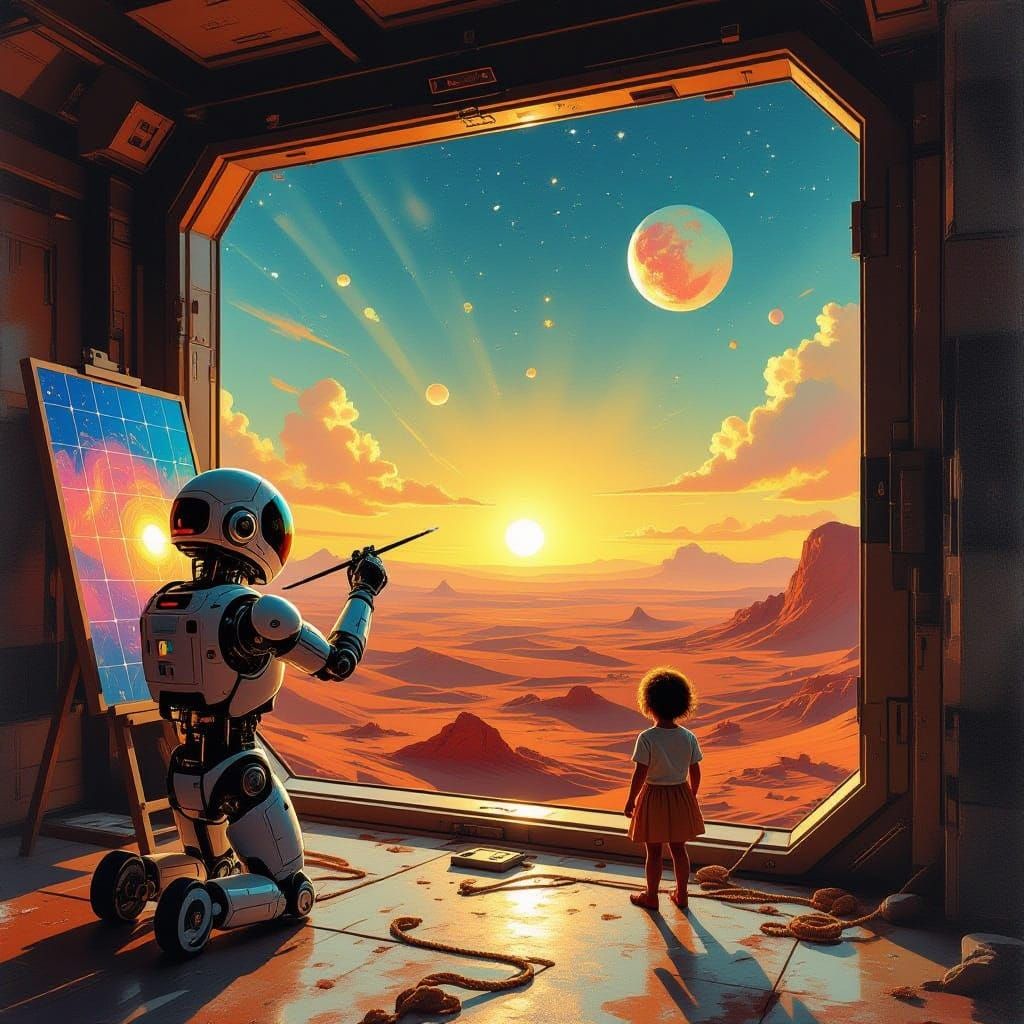 Robotic Arm Paints Martian Horizon, Child Drifts in Low Grav...