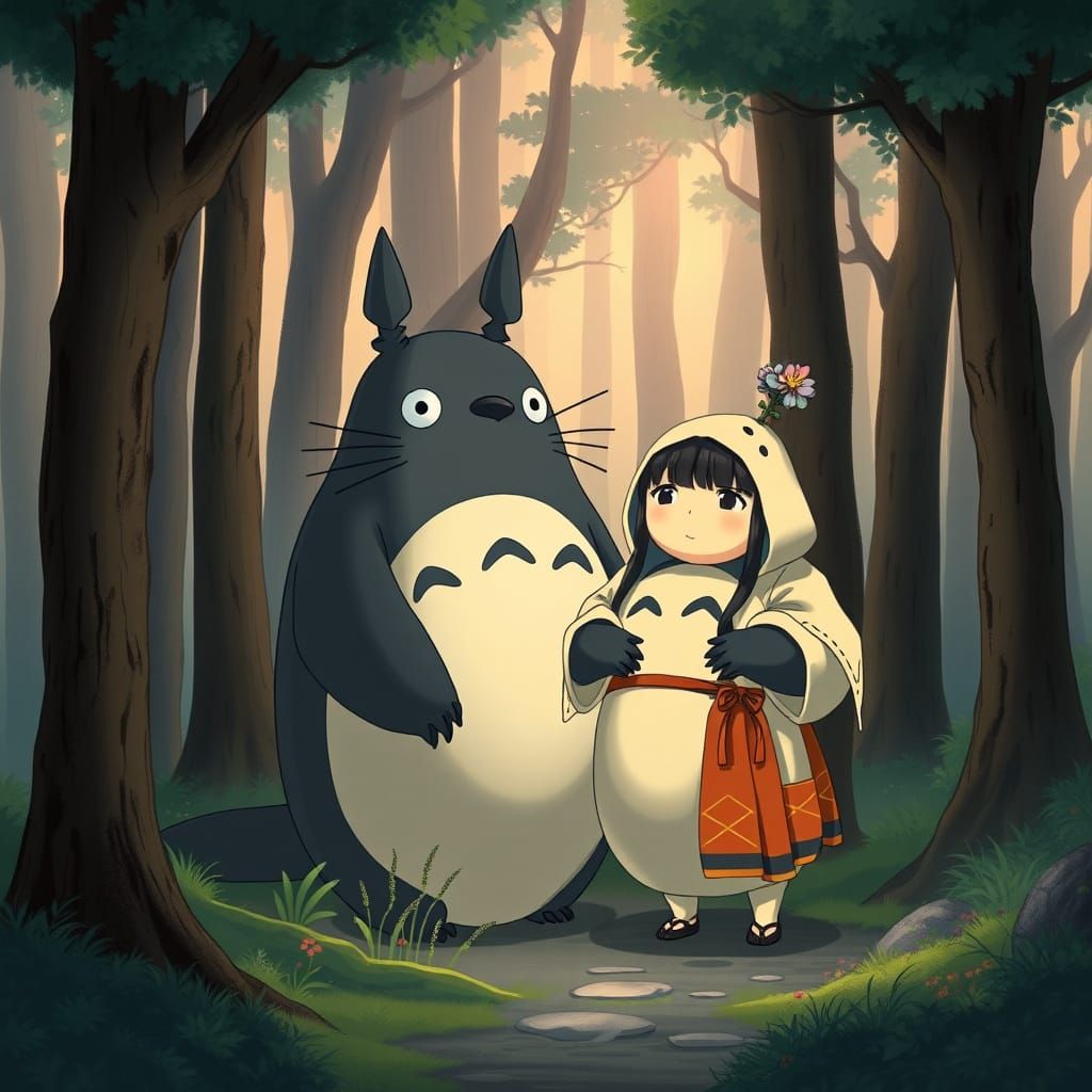 Totoro and Itachi in a Serene Forest Setting