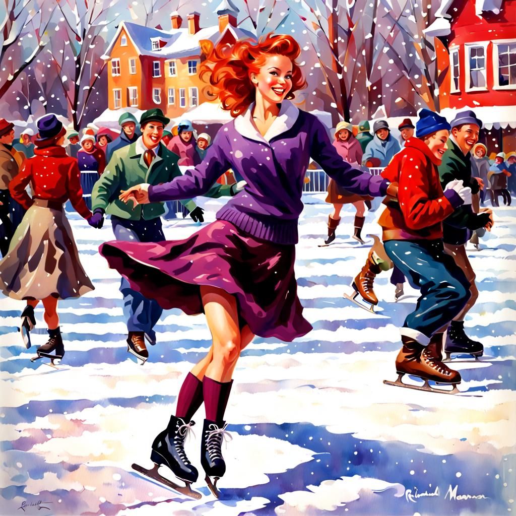 Redhead Ice Skater in 1950s Town, Watercolor Style