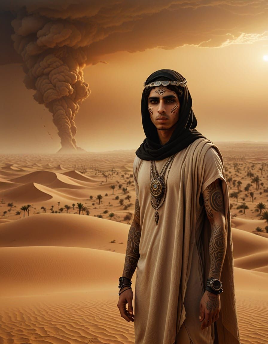 Dystopian Surreal Desert Scene with Glowing Eyes