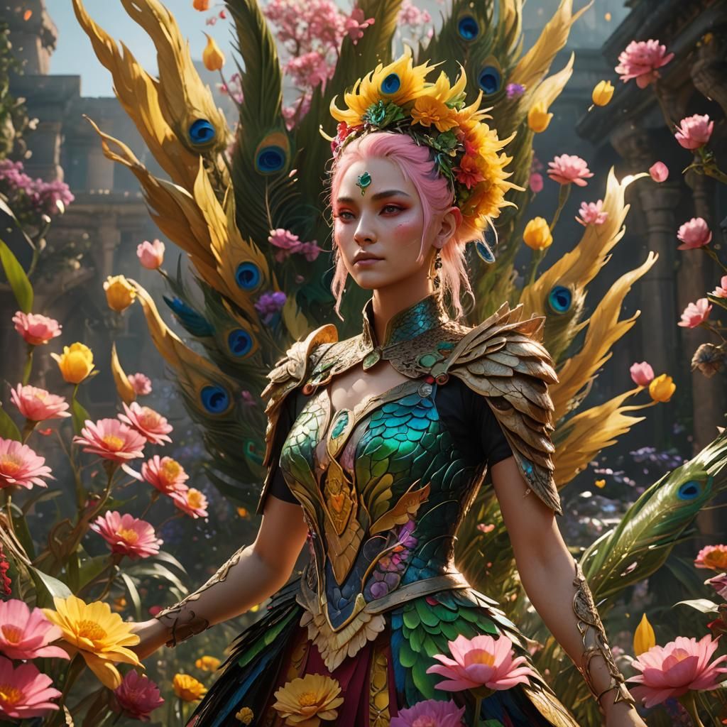 Dragon Peacock Woman in a Fantasy Garden