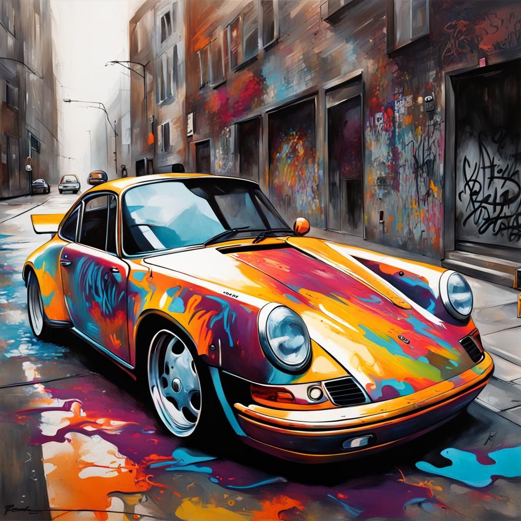 Porsche in Graffiti Art Style with Spray Paint