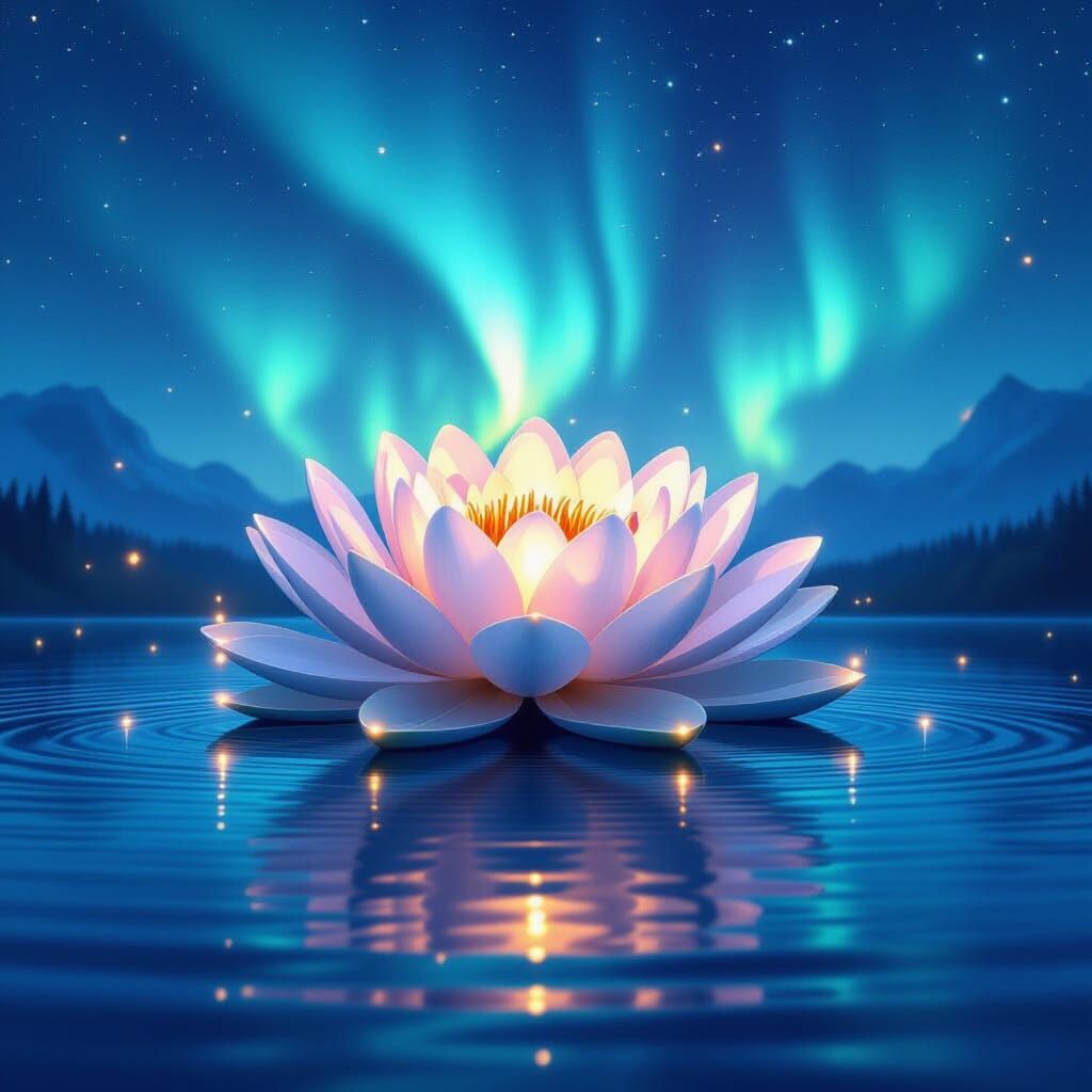 Giant Waterlily on Cosmic Lake with Northern Lights