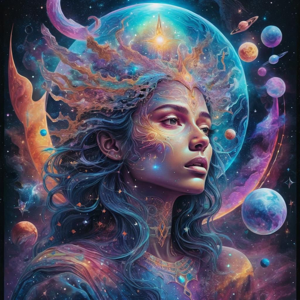 Holographic Astral Cosmic Illustration in Mixed Media