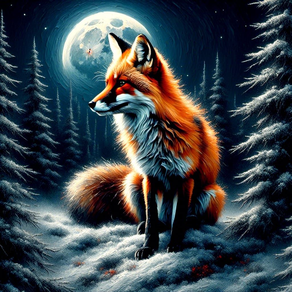Fox in Forest with Red Moon