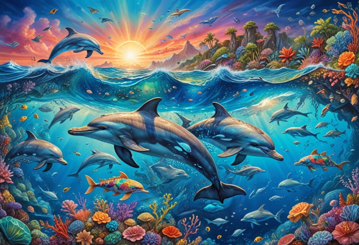 Hawaiian Dolphins Swim Above Vibrant Reef in Maximalist Styl...