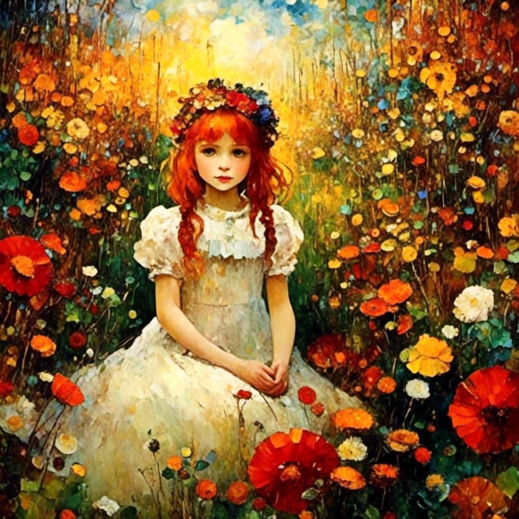 Anime Girl in Flower Field at Golden Hour