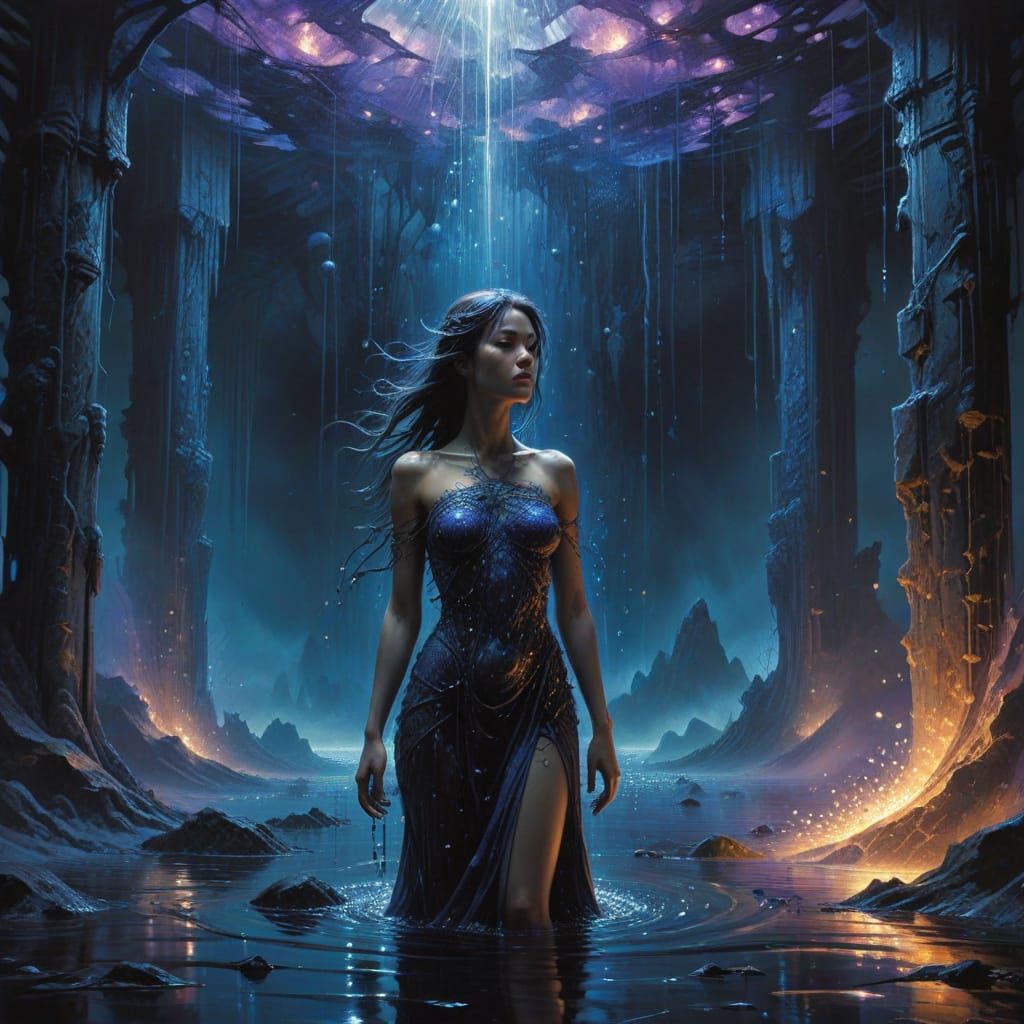 Surreal Oil Painting of Woman in Ethereal Nightscape