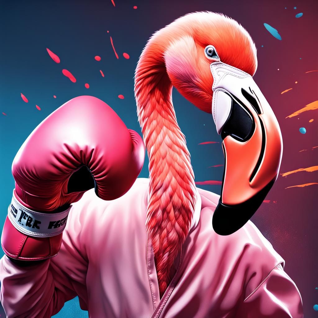 Flamingo Boxer Punching in Hyperrealistic Splash Art