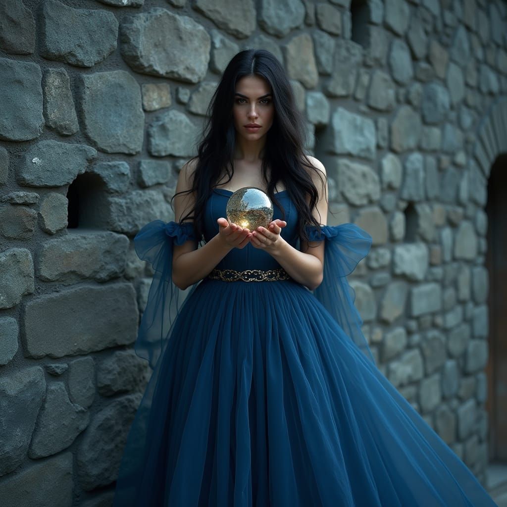Woman with Glass Sphere Before Brick Wall