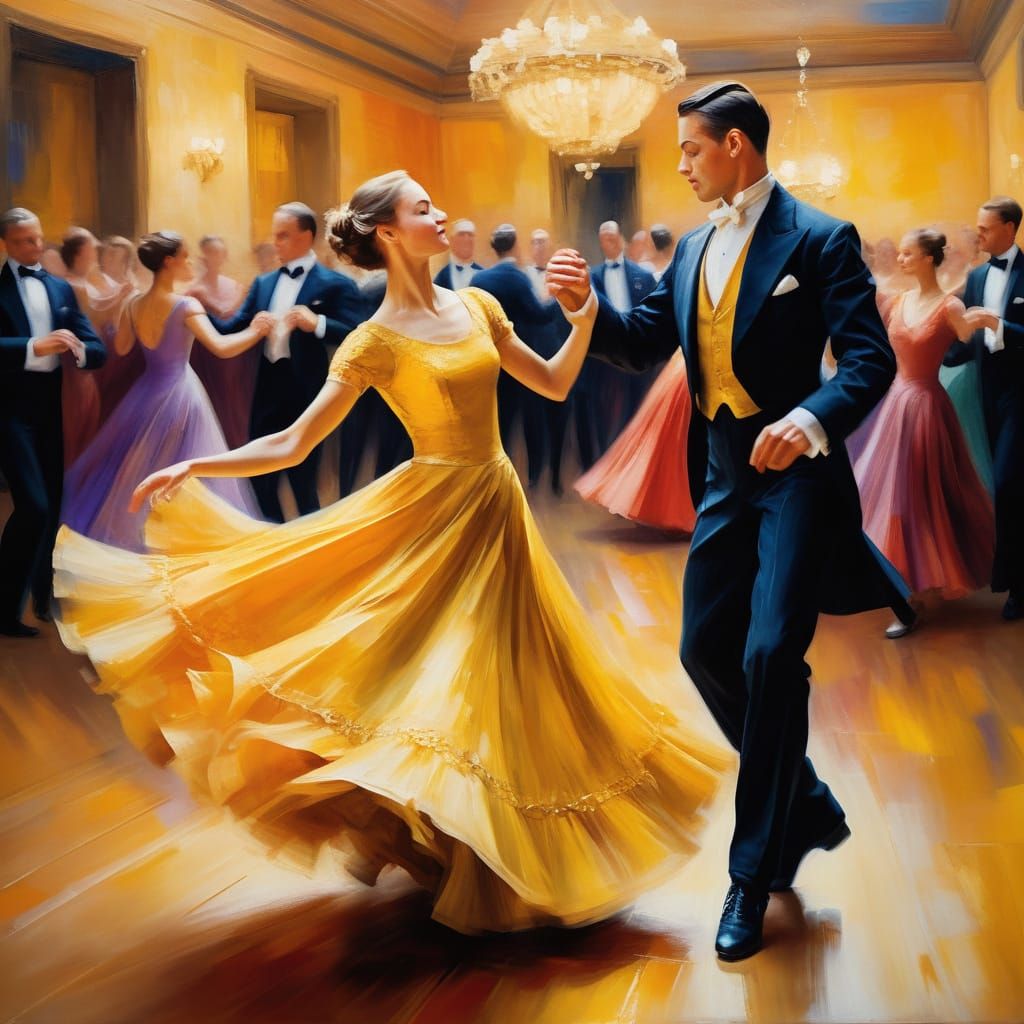 Elegant Ballroom Dancers in Vibrant Oil Painting