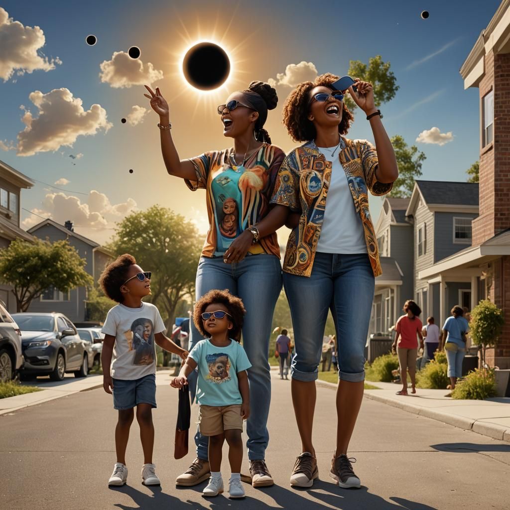 Hyper-Realistic Family Solar Eclipse Moment in Colorful Digi...