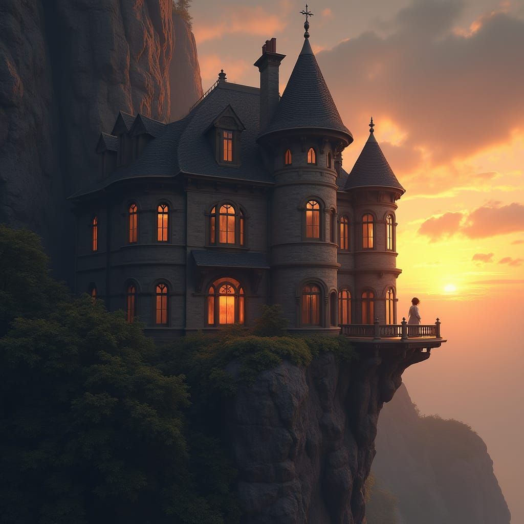 Majestic Victorian Cliffside Mansion with Enchanted Girl