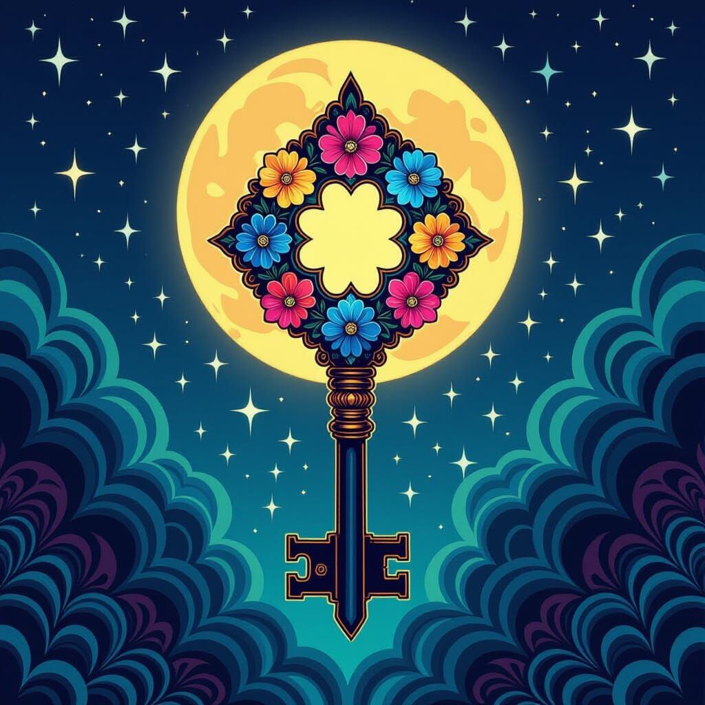 Ornate Devil's Key Adorned with Flowers in Moonlight