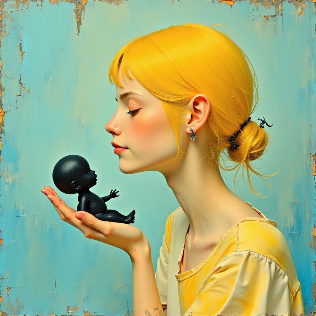 Gentle Motherhood in Whimsical Dark Oil Paint