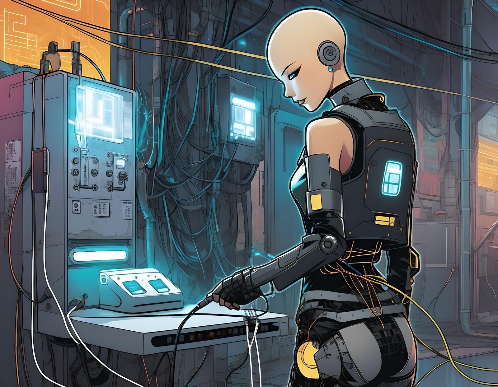 Cyberpunk Robot Connects to Power in Science Lab