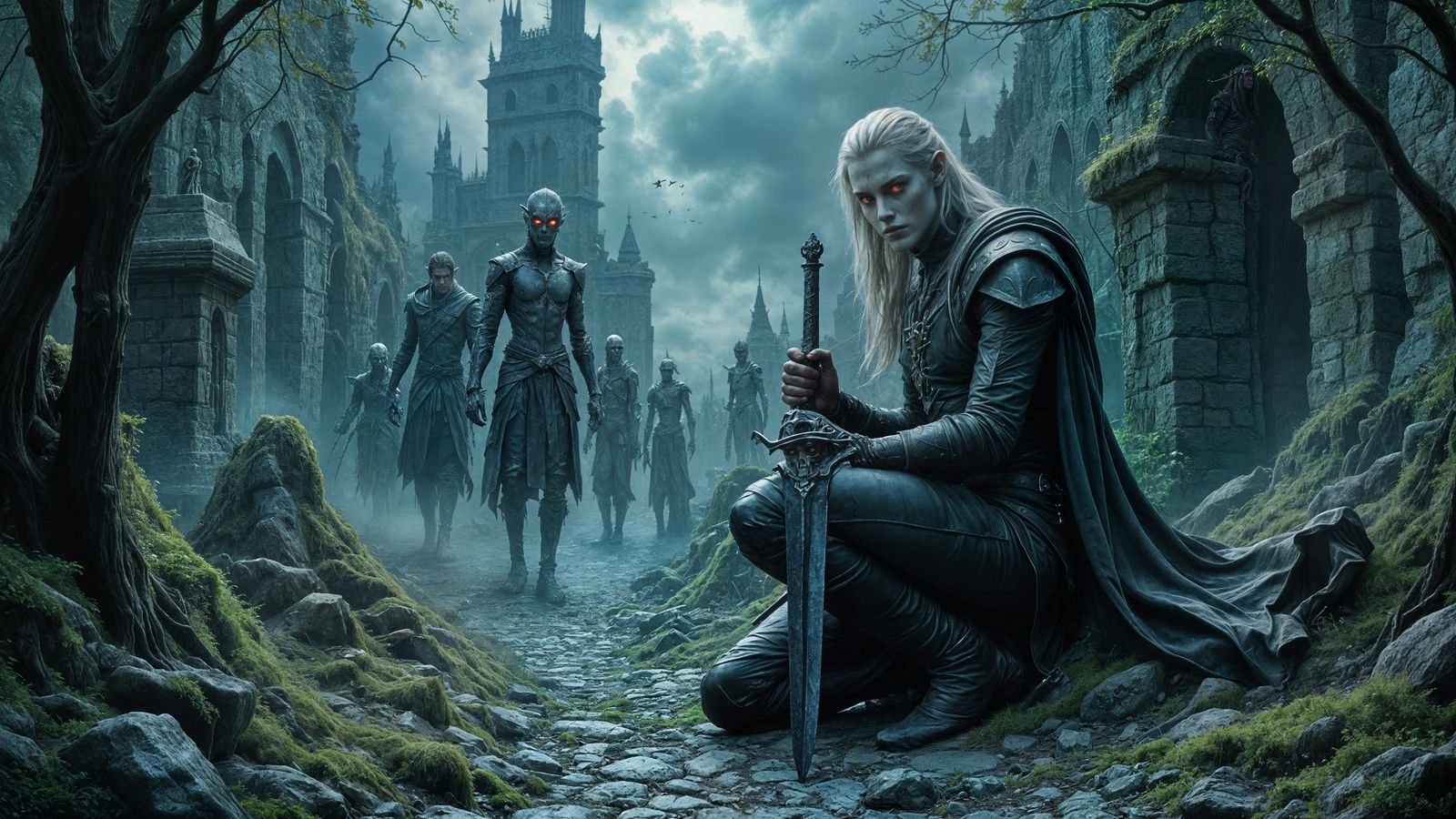 Gothic Elf Warrior Falls Against Undead Horde in Ancient For...