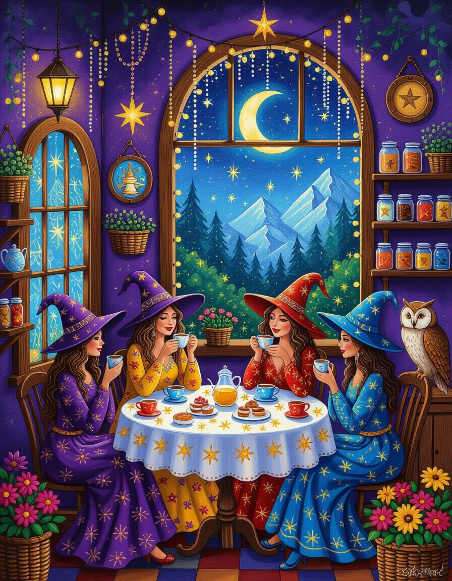 Impressionist Boho Cafe with Fairy Lights and Wise Owl