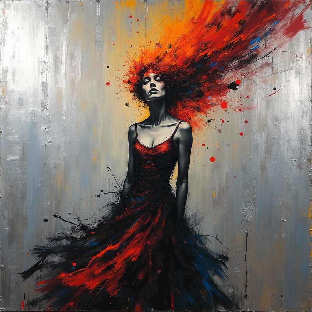 Abstract Expressionist Woman Enveloped by Urban Vortex