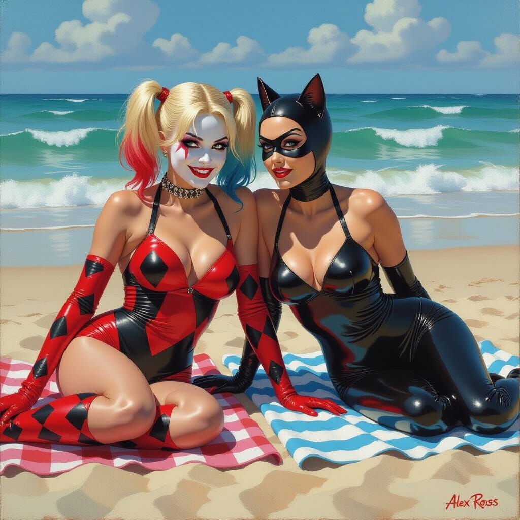 Harley Quinn and Catwoman Relaxing on Beach