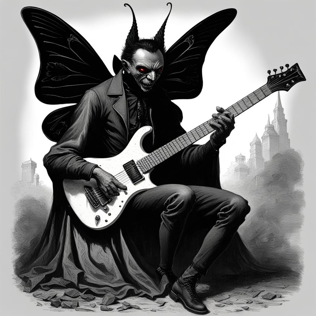 Black Velvet Butterfly Guitarist in Horror Art Style