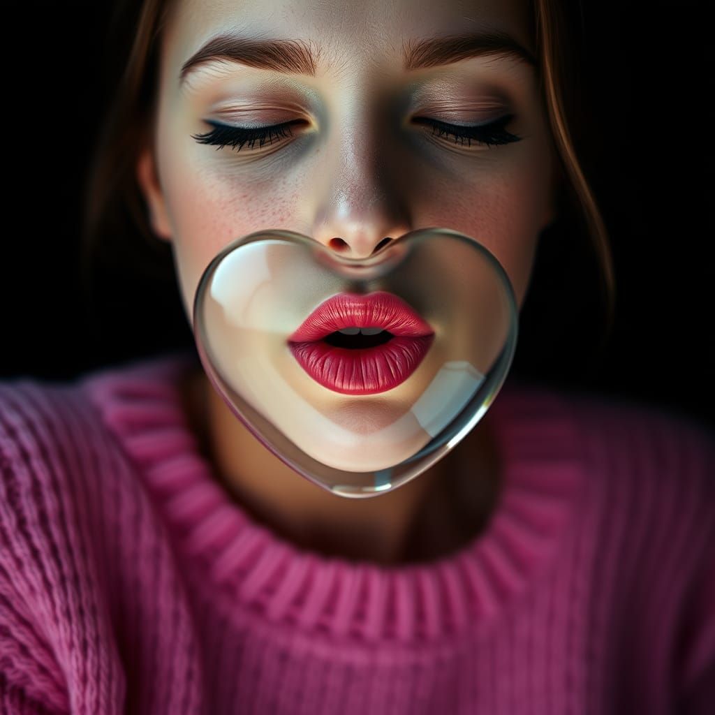 Woman Blowing Heart Bubble in Cinematic Lighting