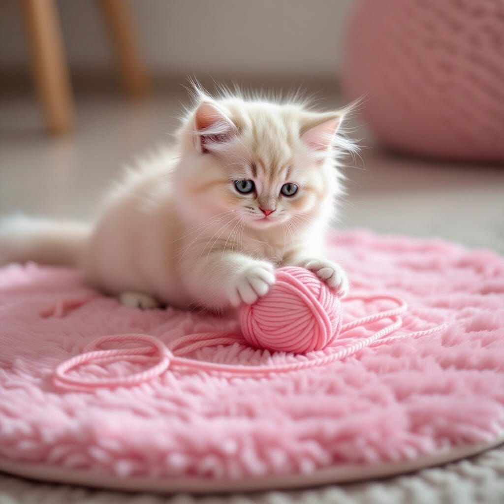 Kitten Playing with Yarn on Pink Fluffy Mat
