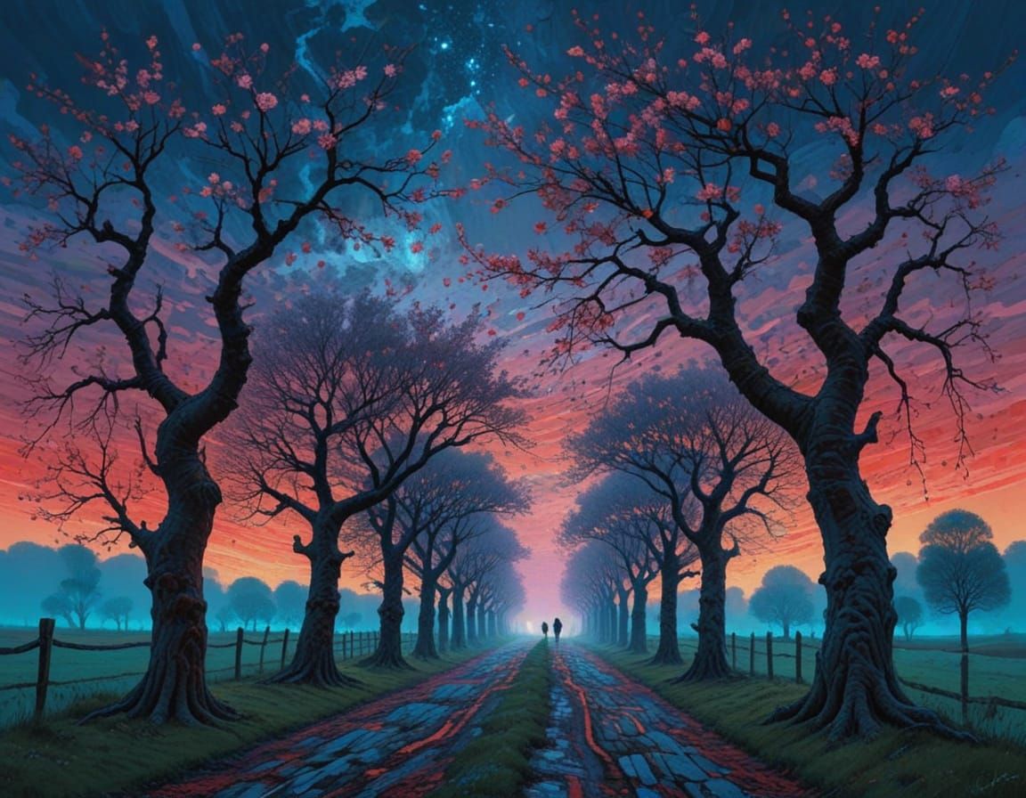 Surreal Cherry Blossom Avenue at Dusk in a Dreamlike Landsca...