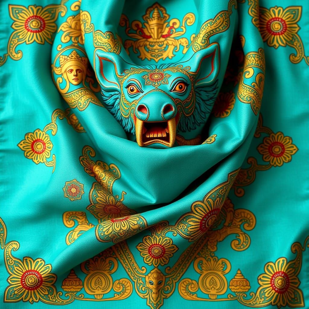 Varaha Golden Motifs on Turquoise Silk Scarf